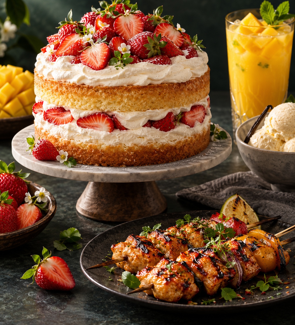 Food application concept featuring noodles, grilled meat, snacks, beverages and bakery
